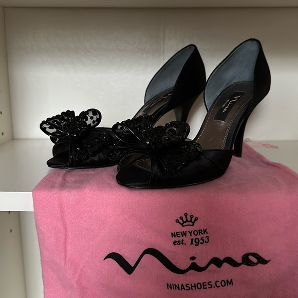 Womens Stella Black Satin Slingback Pumps on a Kitten-Heel